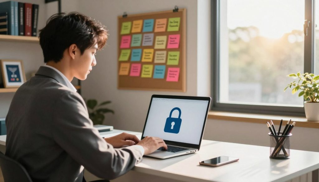 A digital workspace scene showcasing essential strategies for protecting personal data online. In the foreground, a professional in business attire sits at a sleek desk, focused on a laptop displaying a padlock symbol, representing cybersecurity. The middle ground features a bulletin board filled with colorful sticky notes outlining tips like “Use Strong Passwords” and “Enable Two-Factor Authentication.” In the background, shelves hold books on data privacy and digital security tools, while a window reveals a bright, sunny day outside, adding a sense of optimism. The lighting is warm and inviting, emphasizing a productive atmosphere, with soft shadows casting across the desk. The overall mood is informative yet approachable, encouraging viewers to engage with the topic. A digital workspace scene showcasing essential strategies for protecting personal data online. In the foreground, a professional in business attire sits at a sleek desk, focused on a laptop displaying a padlock symbol, representing cybersecurity. The middle ground features a bulletin board filled with colorful sticky notes outlining tips like “Use Strong Passwords” and “Enable Two-Factor Authentication.” In the background, shelves hold books on data privacy and digital security tools, while a window reveals a bright, sunny day outside, adding a sense of optimism. The lighting is warm and inviting, emphasizing a productive atmosphere, with soft shadows casting across the desk. The overall mood is informative yet approachable, encouraging viewers to engage with the topic.