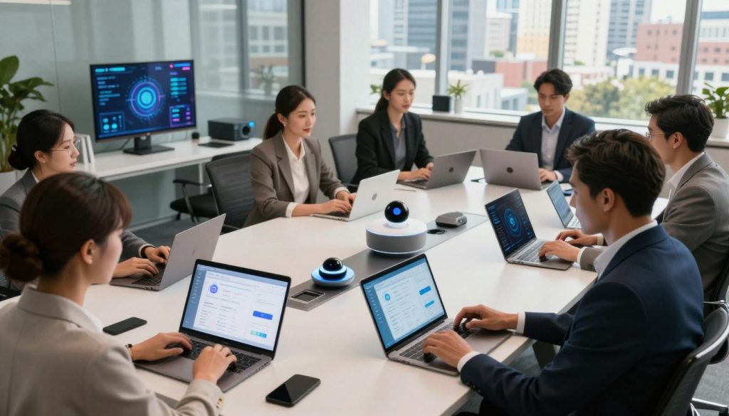 A modern small business office environment showcasing various AI applications. In the foreground, a diverse group of professionals in business attire engages with digital devices like tablets and laptops displaying AI software interfaces, emphasizing collaboration and productivity. In the middle ground, a stylish conference table features smart technologies, such as an AI virtual assistant, digital projectors, and data visualization screens. In the background, large windows let in natural light, revealing a vibrant cityscape. The atmosphere is dynamic and innovative, conveying a sense of efficiency and forward-thinking decision-making. Capture the scene from a slight overhead angle to provide depth, and use warm lighting to create an inviting yet professional mood. Ensure clarity and focus on the technology in use.