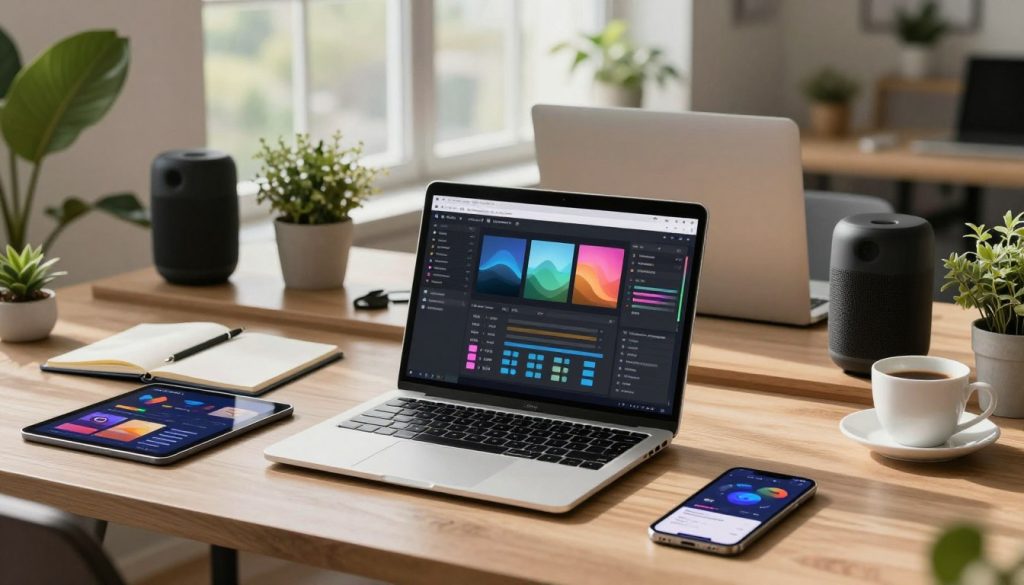 A modern, visually engaging workspace showcasing various AI tools for content creation. In the foreground, a sleek laptop displays creative software interfaces, surrounded by digital tablets and smartphones showing graphically rich content. The middle layer features a thoughtfully arranged desk with a notepad, smart speakers, and a coffee cup fostering inspiration. In the background, a large window allows natural light to flood the room, casting soft shadows. The scene is adorned with green plants to promote a fresh atmosphere. The overall mood is dynamic and innovative, reflecting a blend of technology and creativity that enhances productivity. Use a warm color palette with balanced lighting, capturing the energy of a forward-thinking content creation environment.