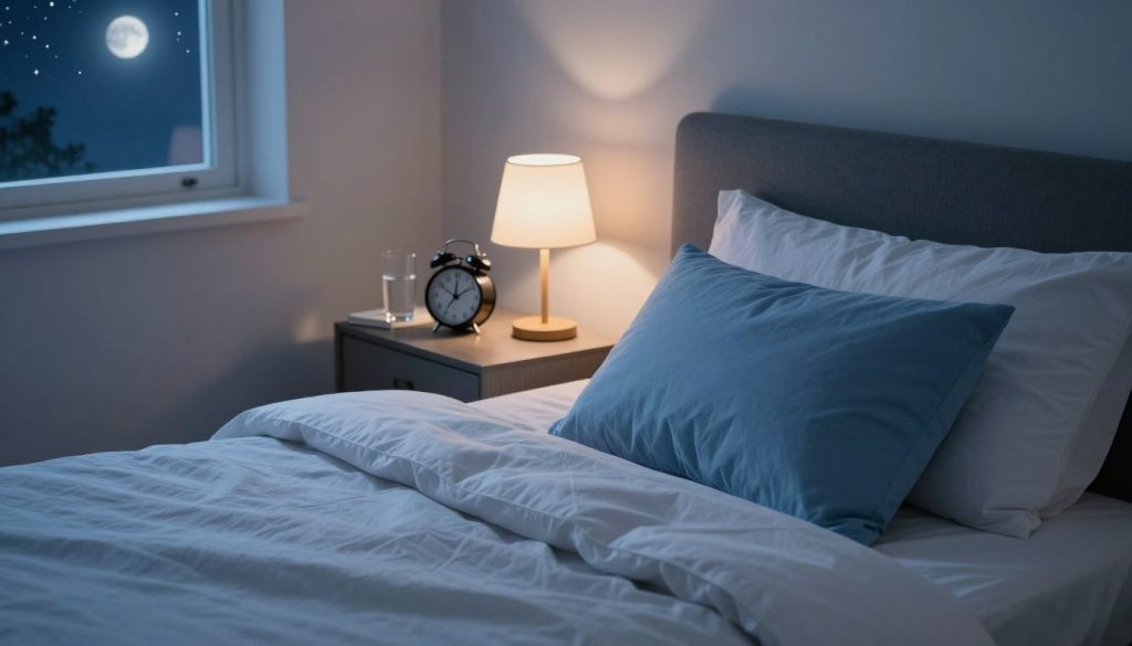 A serene bedroom scene portraying healthy sleep habits for adults. In the foreground, a neatly made bed with soft, inviting white bedding and a calming blue accent pillow. On the bedside table, a small alarm clock shows a time indicating bedtime, accompanied by a glass of water and a book. In the middle ground, a soft ambient light glows from a stylish lamp, illuminating the room without harsh glare. In the background, a window reveals a peaceful night sky with twinkling stars and a gentle moon glow. The mood is tranquil and restful, with a color palette of soothing blues and muted grays emphasizing relaxation. The angle is slightly elevated, offering a bird’s-eye view of this ideal sleep space, inspiring feelings of comfort and well-being.