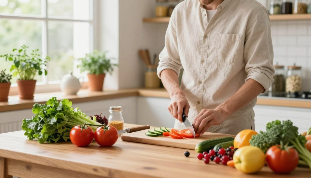 A vibrant kitchen scene showcasing healthy eating habits for beginners. In the foreground, a wooden table is adorned with colorful fresh fruits and vegetables—crisp greens, tomatoes, cucumbers, and bright berries, all arranged artfully. A beginner cook, dressed in modest casual attire, is chopping vegetables with a focused expression. In the middle, a cutting board and cooking utensils are scattered, hinting at a meal in preparation. The background features a sunlit window with herbs growing in pots, adding greenery and life, while shelves display jars of grains and spices, promoting a wholesome atmosphere. Soft, natural lighting creates a warm and inviting mood, enhancing the sense of a fresh start on a healthy eating journey.