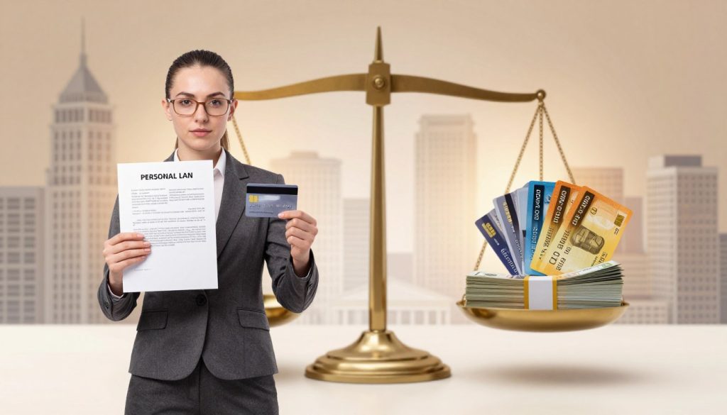 A visually compelling split-image that illustrates the comparison between a personal loan and a credit card. In the foreground, depict a professional individual in business attire, standing confidently with a personal loan document in one hand and a credit card in the other, symbolizing a choice. In the middle ground, feature a balanced scale, one side with stacks of cash representing a personal loan, and the other side with credit cards fanned out, showcasing the options. The background should have a subtle financial theme, like a city skyline with financial institutions, softly lit with warm hues, creating a focused, inviting atmosphere. Use a wide-angle lens to capture the entire scene, ensuring clarity and detail in each element. The mood should be informative yet engaging, encouraging viewers to reflect on their financial choices.