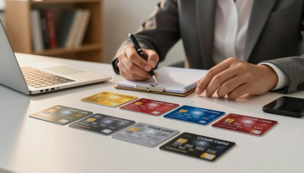 A visually engaging, professional setting showcasing an array of top credit cards laid out on a sleek, modern desk. The foreground features a selection of credit cards with distinct designs, prominently displaying their logos and colors, evoking a sense of financial empowerment. In the middle, a person in business attire examines the cards, holding a pen and notepad, portraying a thoughtful approach to building credit. The background includes a soft-focus financial-themed bookshelf filled with books and a laptop, contributing to the atmosphere of sophistication and success. The lighting is warm and inviting, creating a positive mood, with a slight golden hue, suggesting an optimistic financial future. The image is captured from a slightly elevated angle to provide depth and context.